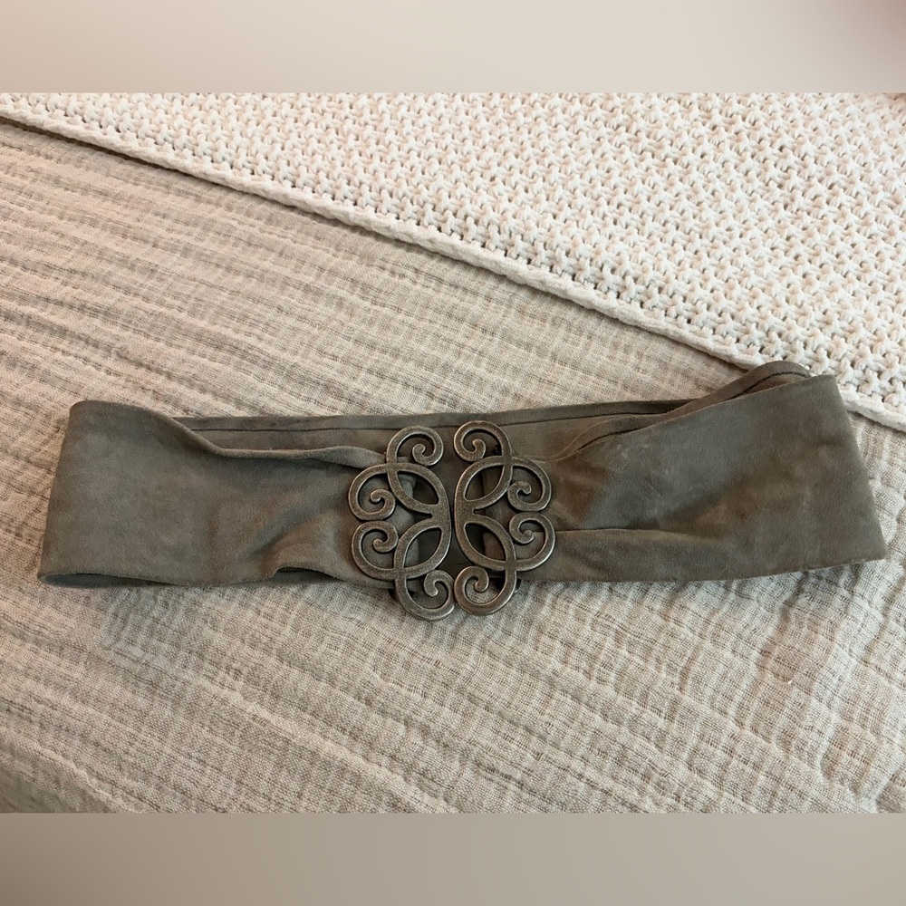 moss mills Olive Suede Wrap Belt with Ornate Metal Buckle